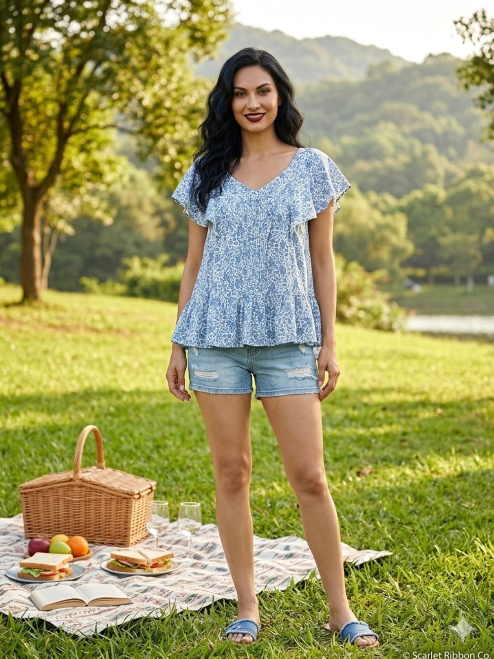 a.n.a Blue & White Floral Flutter-Sleeve Blouse
